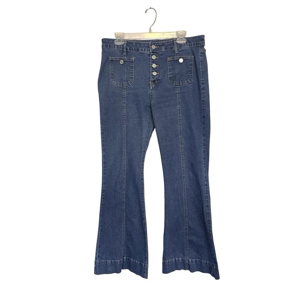 Women’s High Rise Button Fly Flare Jeans Dark Wash Patch Pocket Boho Retro 34x29